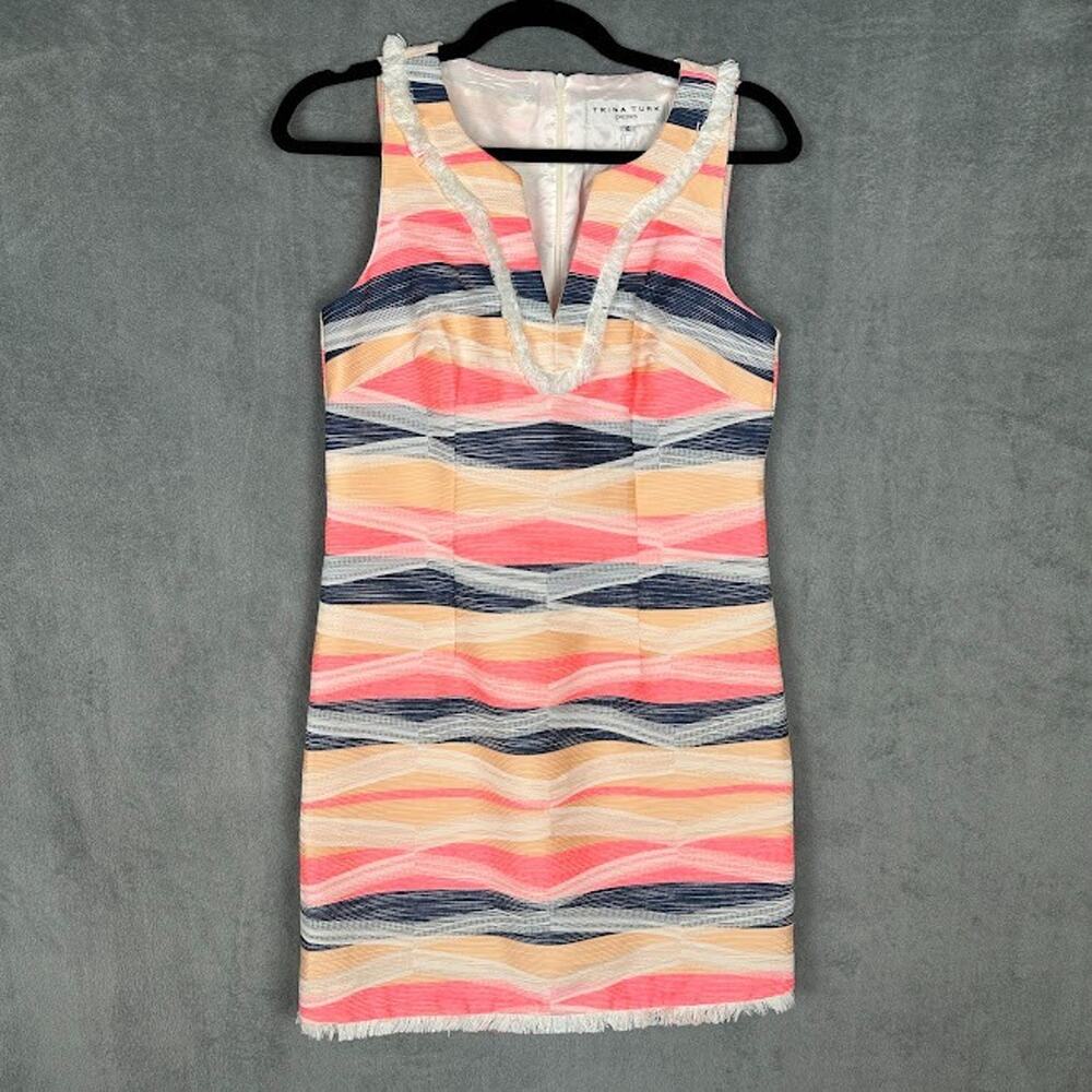 Trina Turk Dress Women 4 Pink Striped Resort Vibrant Luxury Fringe V Neck Preppy